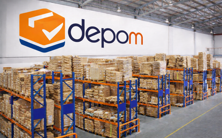 Spacious warehouse with depom branding